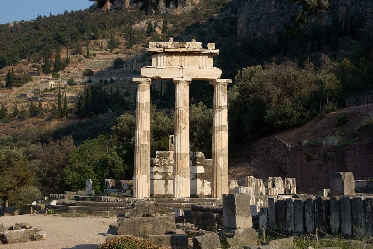 Ancient ruins of the sanctuary of Delphi on the slopes of Mount Parnassus