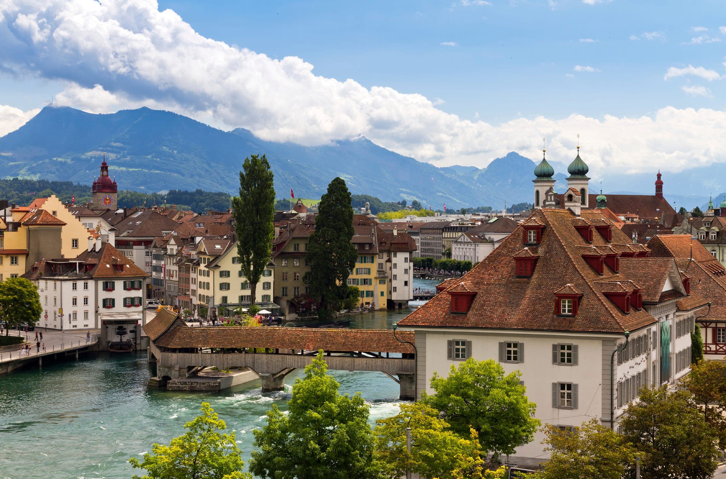 Lake Lucerne and the Chapel Bridge beneath the Alps, Switzerland