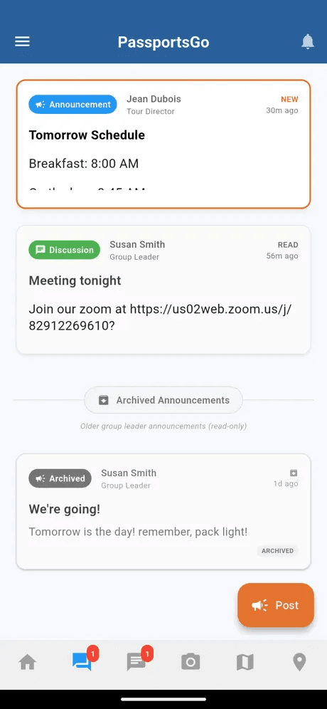 PassportsGo bulletin board with announcements