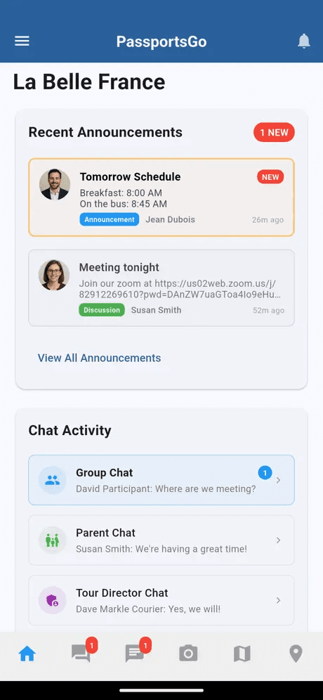 PassportsGo home screen for a tour, showing today's announcements and the chat activity panel