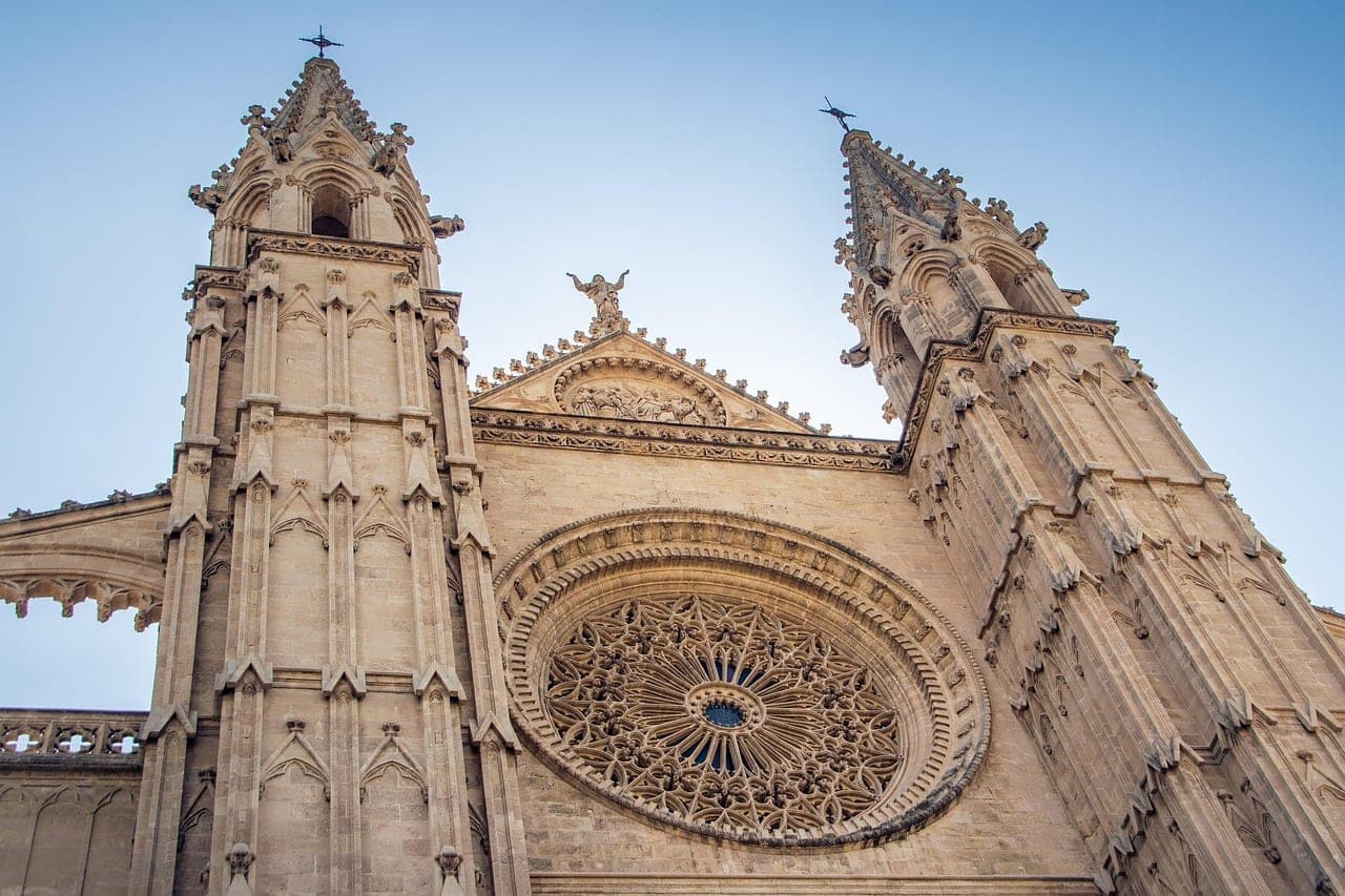 The Gothic spires of Burgos Cathedral rising above the old town in Castile, Spain