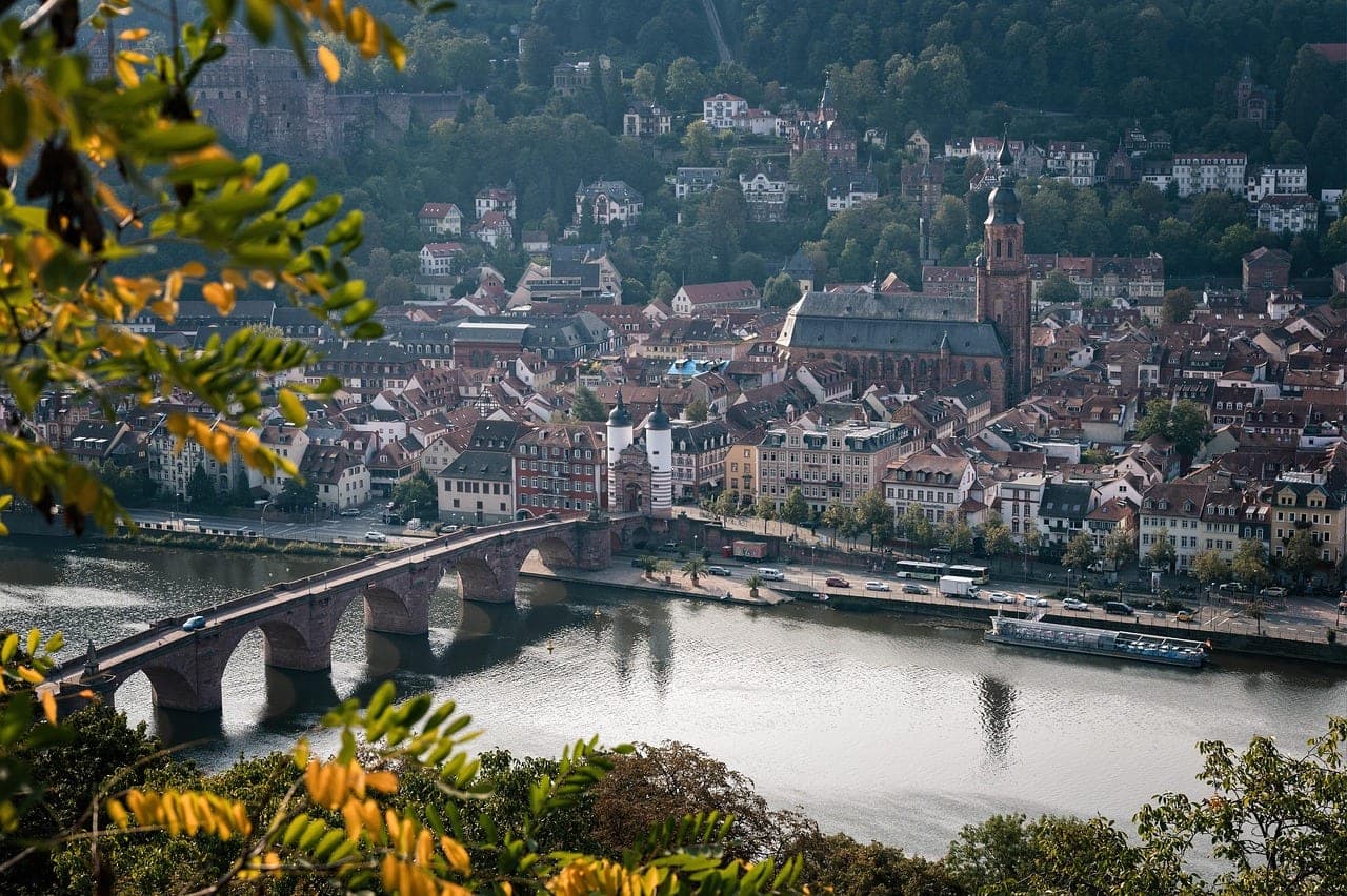 Heidelberg Castle ruins above the Old Bridge and Neckar River in Germany's oldest university town
