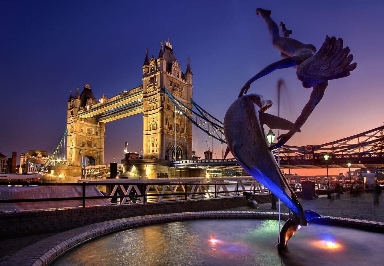 Tower Bridge over the River Thames at sunset in London, England