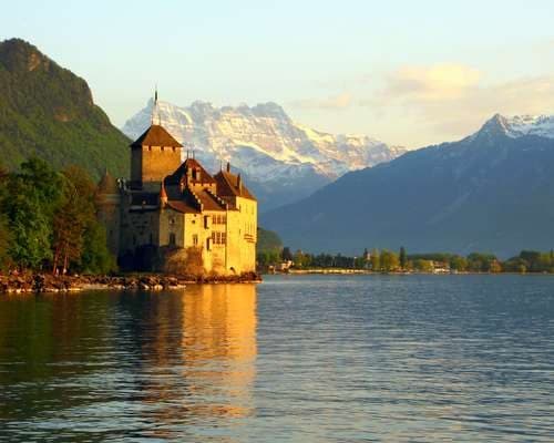 Chillon Castle and Dents du Midi, Switzerland